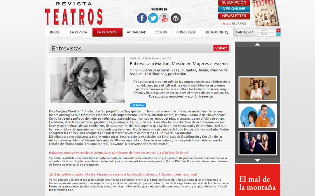 Entrevista a Maribel Mesón en “Mujeres a Escena” en Revista Teatros